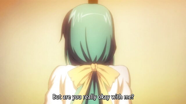 Anime hentai girl with green ponytail and yellow ribbon turns back, asking 'Are you really okay with me?'