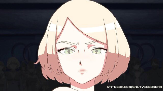 Blonde cartoon imposter succubus with intense green eyes closeup