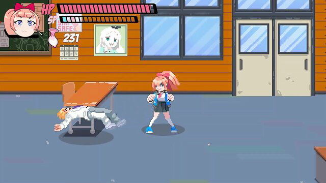 Pink-haired anime girl deepthroating cock in Lewd City Girls hentai pixel game