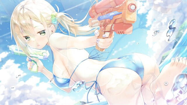 Blonde anime girl in skimpy blue bikini with water guns at beach