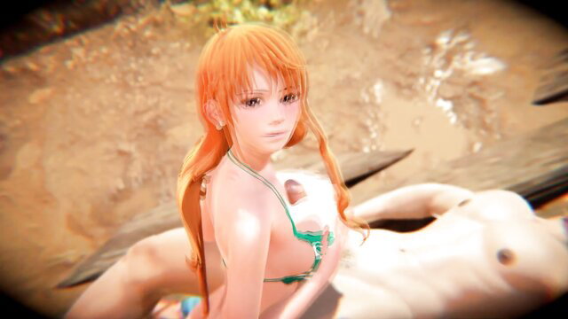 One Piece Nami orange hair hentai babe in green bikini straddling nude man