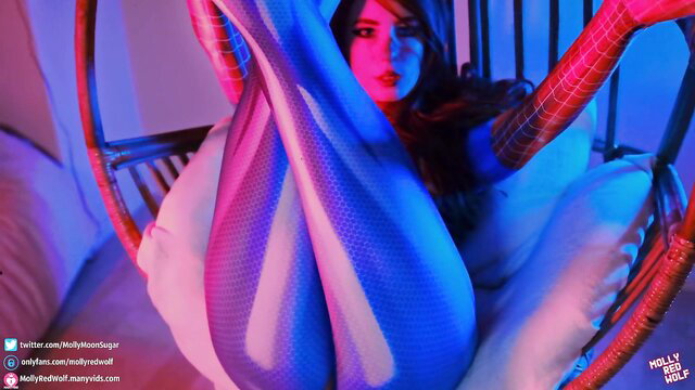 MollyRedWolf as sexy Mary Jane in Spiderman suit, legs spread wide