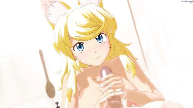 Cute blonde furry wolf girl nude masturbating with dildo in bath