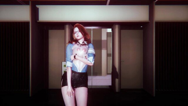 Redhead beauty secretary in tight crop top and shorts poses seductively