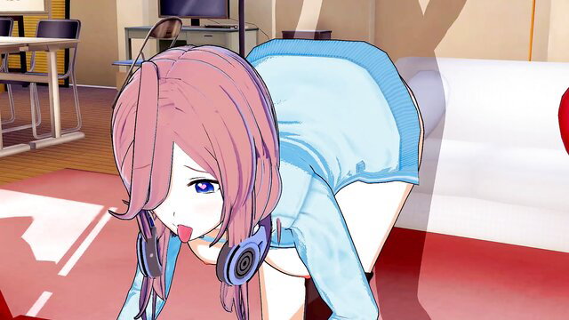 Miku Nakano 3D hentai on all fours in hoodie, big ass tease