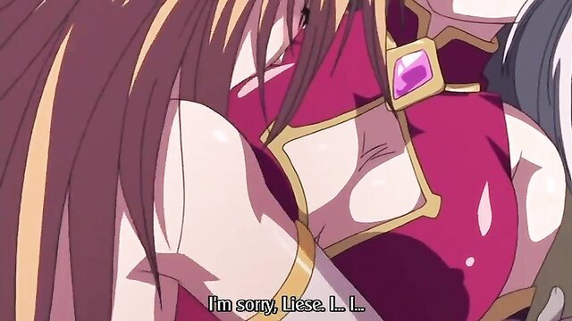 Anime hentai princess in skimpy red dress apologizes submissively, cleavage exposed
