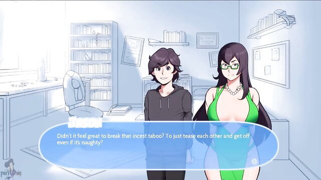 Anime purple-haired milf in green dress teases dark-haired guy in library