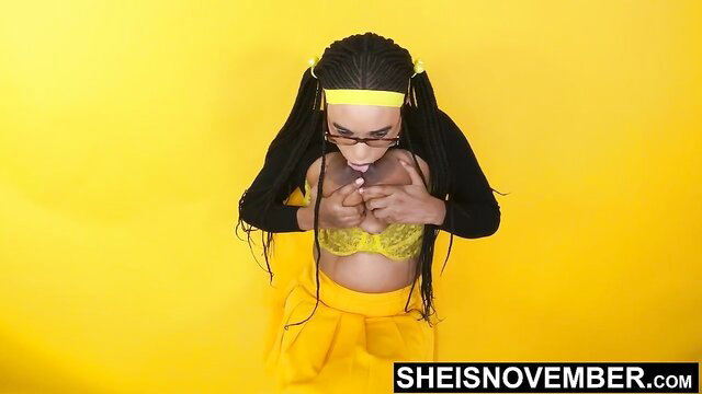 Msnovember's huge nipples udders in yellow lingerie extreme closeup fetish