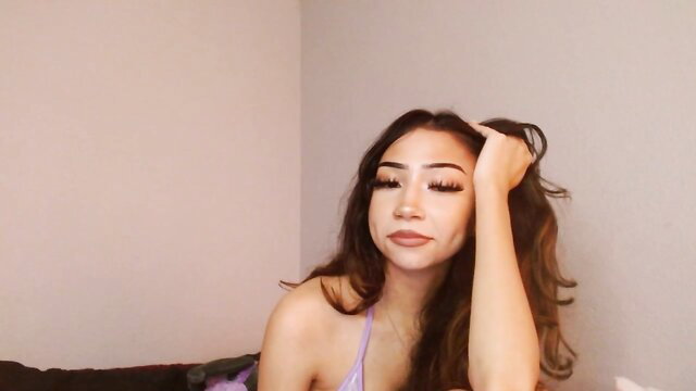Cute petite Asian angelllsworlddd in purple lingerie, seductive gaze