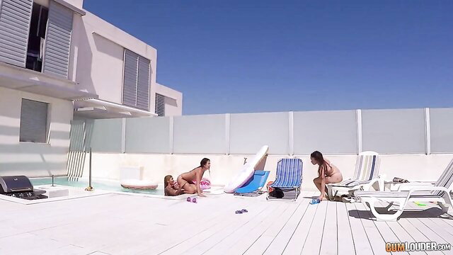 Funny teen lesbians nude on pool deck, hot outdoor play