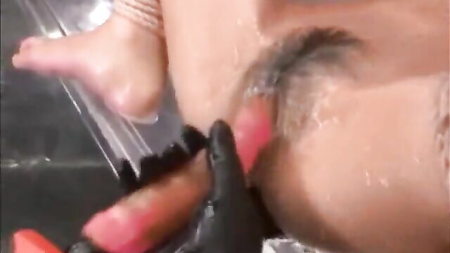 Hairy Asian tied up with legs spread, toy insertion in wet pussy