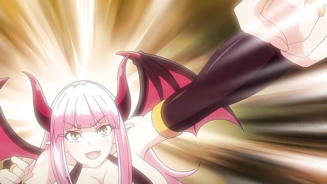 Pink-haired succubus with demon wings in dynamic anime hentai pose