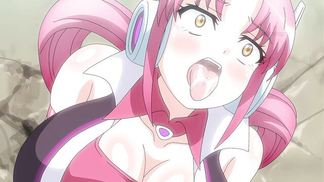 Pink-haired anime hentai girl with ahegao face, tongue out, in tight sci-fi outfit
