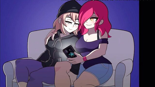 Anime yuri couple cuddling on couch, uncensored hentai slideshow