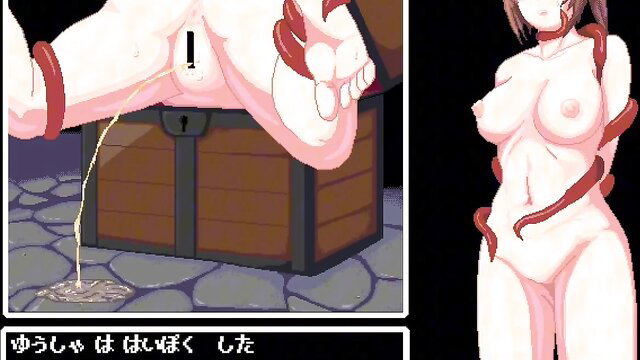 Anime girl bound by red tentacles in treasure chest trap, pussy penetrated and squirting