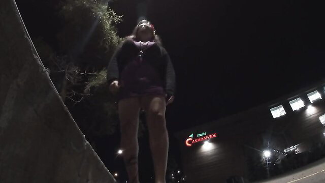 Chubby sissy CD in shorts poses at night skatepark adventure