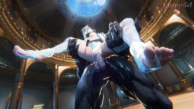 Man lifting another man in a grand hall