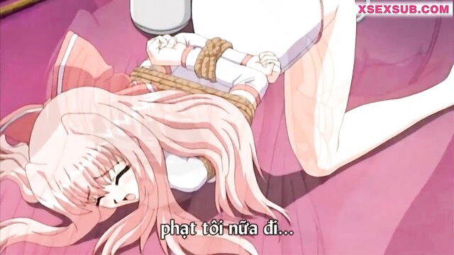 Pink-haired hentai girl bound in ropes, exposed pussy spread on bed