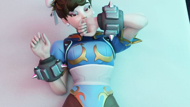 Juno from Overwatch in sexy missionary pose, spreading legs with spiked gauntlets