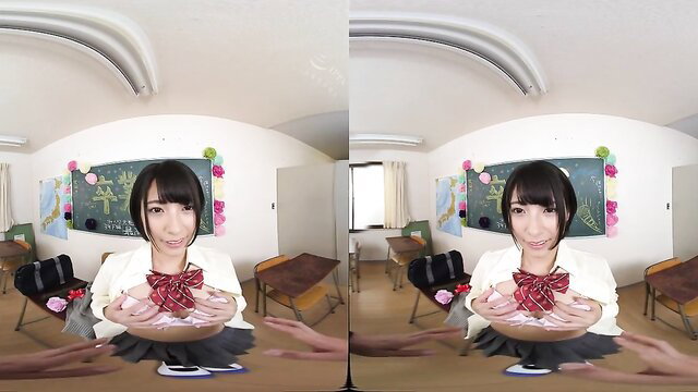 Cute Asian schoolgirl with small tits holds cock in VR POV classroom