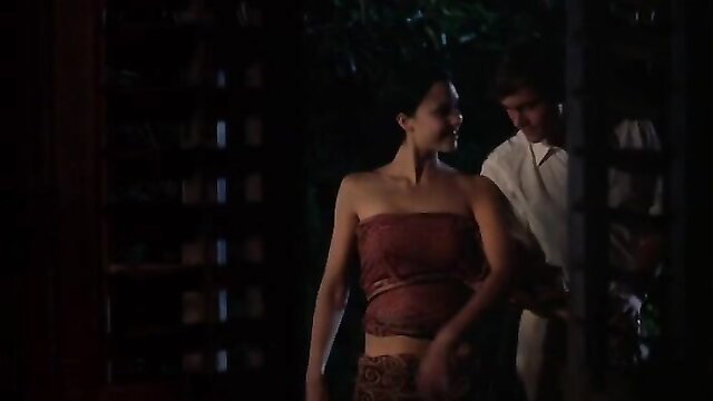 Jessica Alba in sexy red tube top and sarong, intimate couple scene