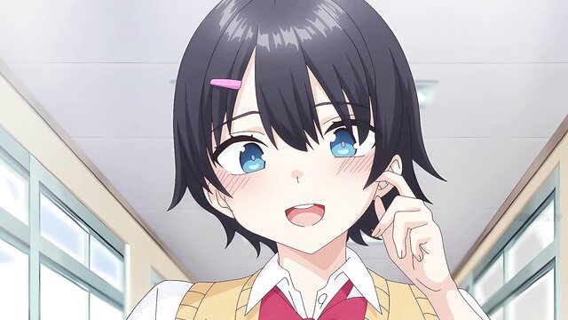 Cute black-haired anime schoolgirl with blue eyes smiling blushingly