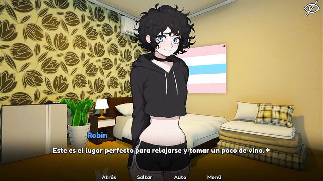 Robin trans anime girl poses sexy in hoodie showing midriff