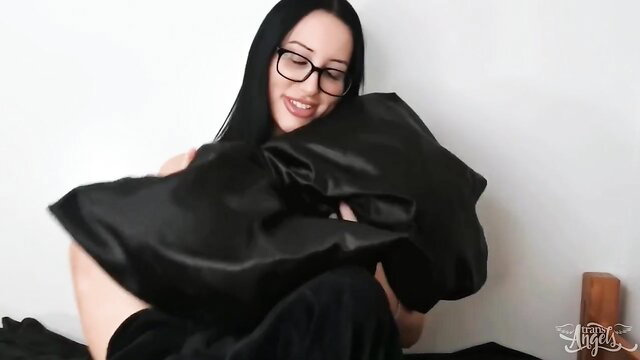 Ivona Bhabie hugs black satin pillow topless in bed