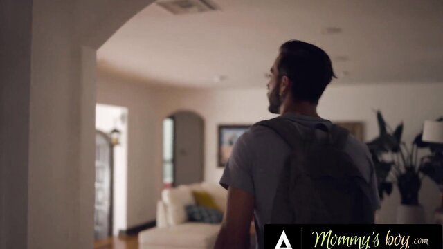 Vanessa Sky backpack view in Mommy's Boy home scene