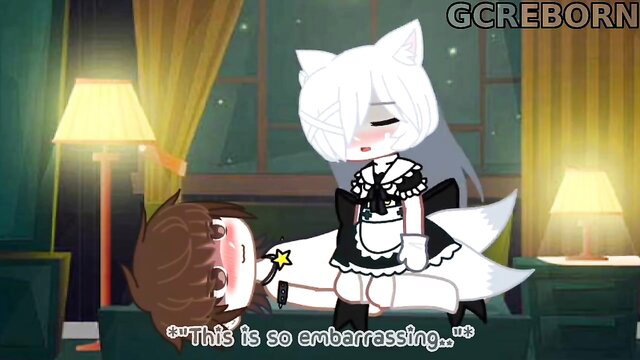 Blushing anime boy embarrassed as white neko maid teases his crotch