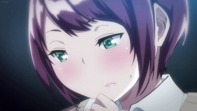Purple-haired anime girl with green eyes blushing shyly, close-up face