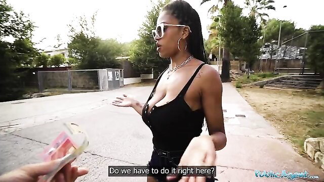 Ebony babe with massive natural tits asks to fuck outdoors for Public Agent