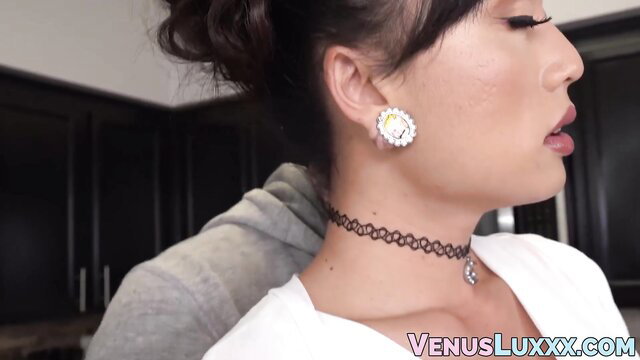 Venus Lux Asian tgirl in choker and earrings closeup profile
