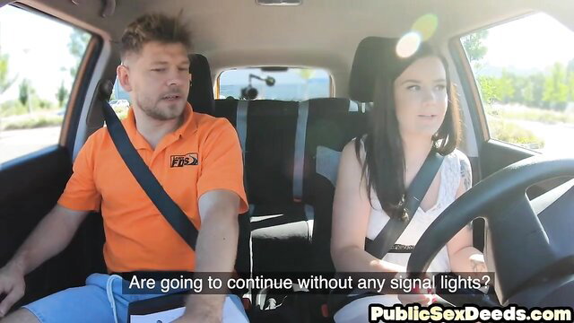 Brunette learner driver in car with man, public sex tease