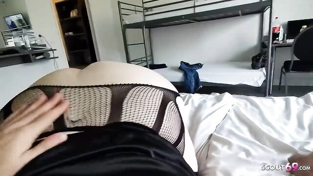 Anastasia plus-size teen in fishnet thong, hand groping big white ass