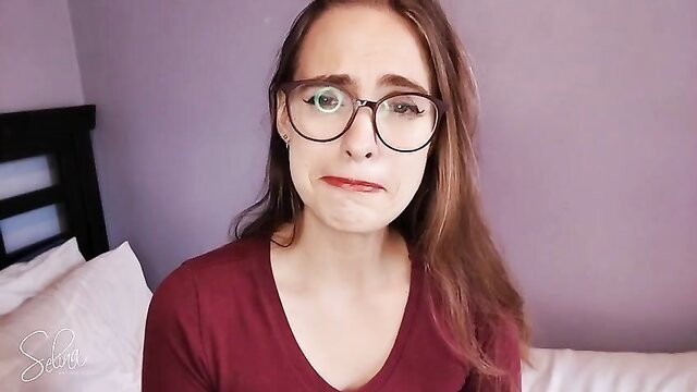 Selina O Hair cheating mommy pouts with glasses in red top