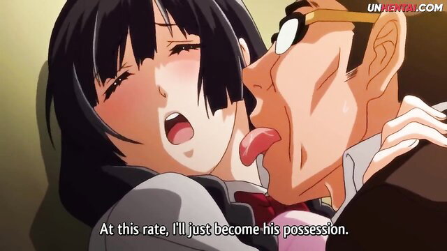 Black-haired anime schoolgirl French kisses teacher stepdad in JAV hentai