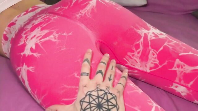 Priva's big ass in pink tie-dye leggings, hand spreading for deep anal tease