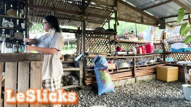 Asian amateur babe in kitchen pours coffee, casual teasing preview