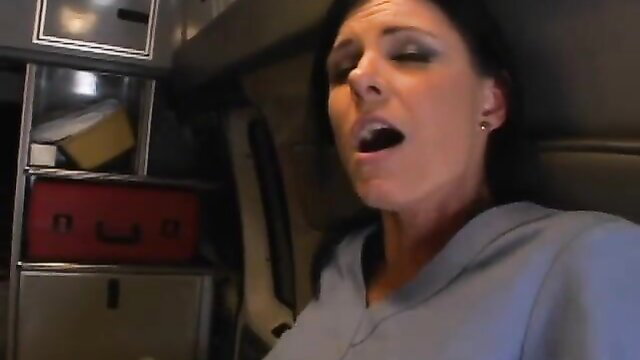 Hot nurse sucking big cock in ambulance POV closeup