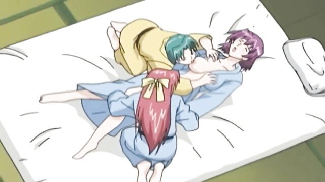 Anime girls in threesome suck tits and grind on bed in lecherous spa hentai
