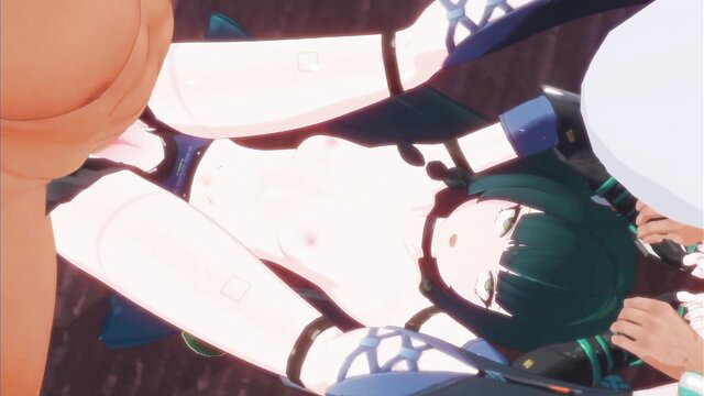 Anime girl with green hair bound, groped and fingered by hand in hentai scene