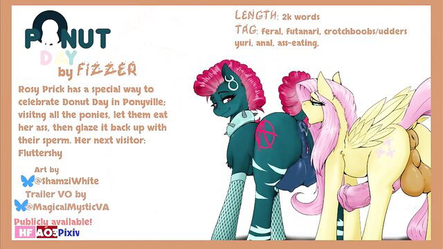 Futanari pony Fluttershy eats donuts from Rosy By Fizzer's huge ponut & udders