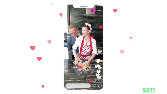 Alison Rey as hot maid in apron cooking with man, hearts