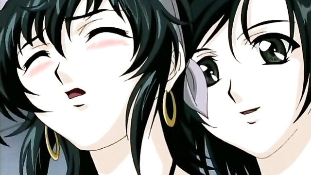 Two cute anime girls with black hair smiling intimately in chikan JAV thumbnail