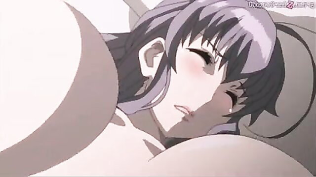 Purple-haired hentai girl motorboating massive tits in uncensored sex scene