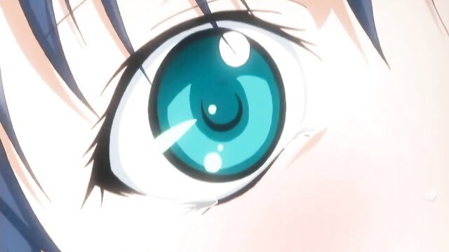 Close-up of anime girl's sparkling blue eye with long lashes, blush