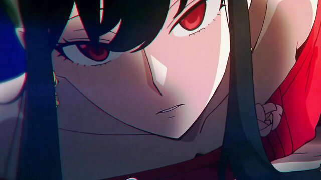 Yor Forger red eyes closeup in sexy red dress, Spy x Family hentai handjob thumbnail