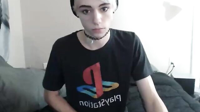 Ecchievement in PlayStation tee, pale twink stares at camera, OnlyFans 183