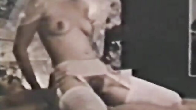 Retro blonde in lingerie stockings on wedding night orgy